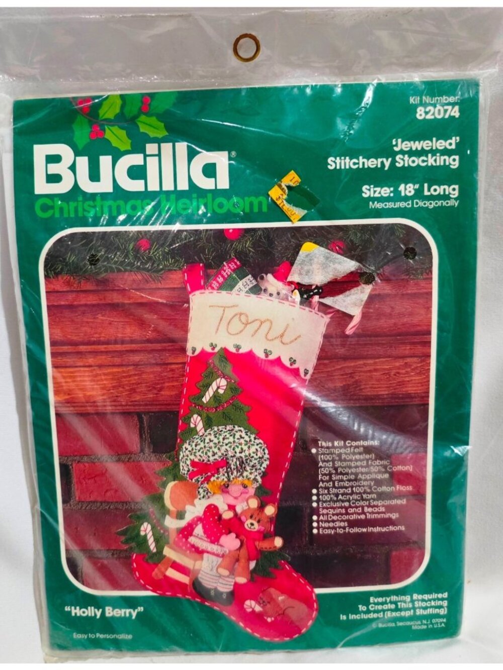 Bucilla Christmas HOLLY BERRY Jeweled Stocking 18"L felt craft kit 82074 SEALED